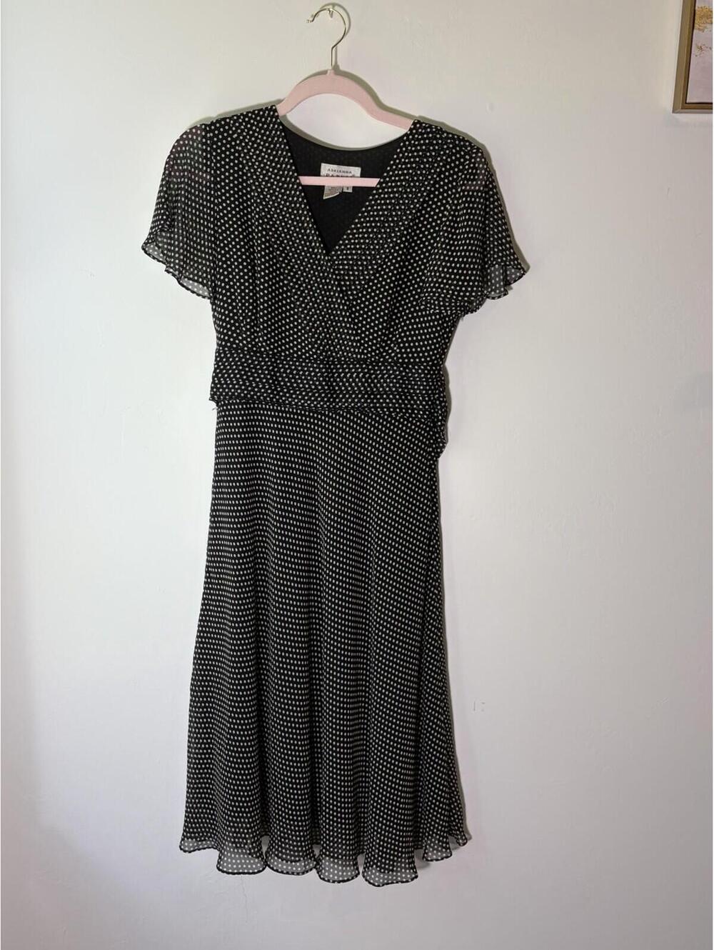 Adrianna Papell Black White Polka Dot Chiffon A-Line V-Neck Midi Dress 6